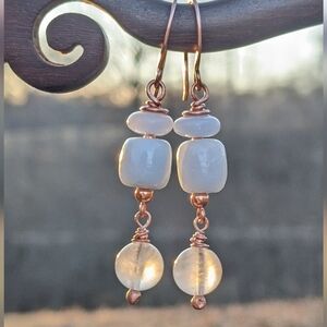 Angelic Gemstone Earrings Copper Wrapped Blue Angelite And Luminous Moonstone